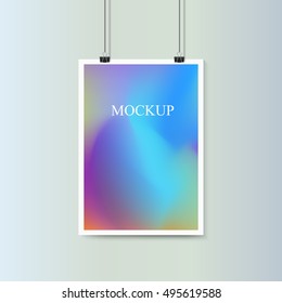 Empty vertical poster with fluid colorful backgrounds. Mockup on grey wall with paper clip. Vector illustration.