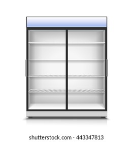 Empty vertical refrigerator for with two transparent front panels for cooling drinks and products isolated realistic vector Illustration