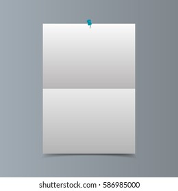 Empty vertical white paper poster mockup with traces of the folded sheet and blue push pins on grey wall. Vector illustration.