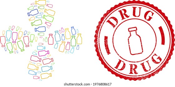Empty vial multi colored twirl flower with four petals, and red round DRUG rubber stamp print. Empty vial symbol inside round stamp seal.