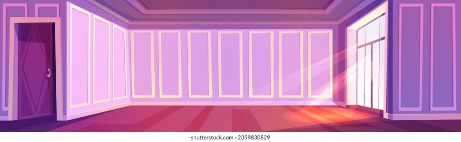 Habitación de estilo victoriano vacía. Dibujo vectorial de interiores de estilo clásico inglés, paredes violetas con molduras elegantes, solárium que brilla a través de una gran ventana en el suelo de madera, puerta abierta