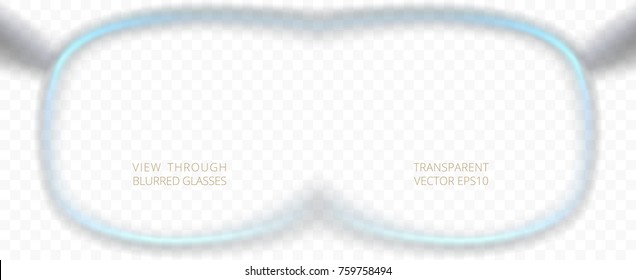 Empty view through the blurred eyeglasses. Realistic 3d frame of rim glasses. Vector transparent spectacles with blue edge of lenses. Useful for ads of optometrist or developer of augmented reality.