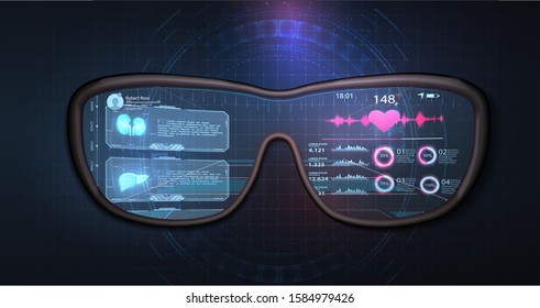 Empty view through the glasses of augmented reality. Display set of virtual interface elements.  Rim of virtual goggles with light user interface. Modern medical examination HUD, GUI style.VR headset.