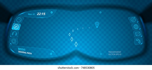 Empty view through the glasses of augmented reality. Rim of virtual goggles with light user interface. Defocused frame of a transparent headset on a blue background. Vector simulation of a blur effect