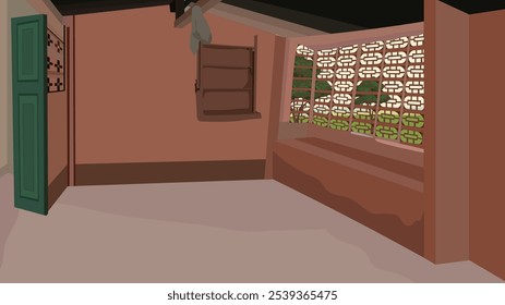 Empty village kitchen interior design.Vector illustration of a empty room with door,window and a wall rack