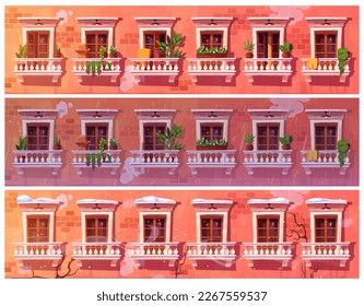 Empty vintage europe balcony cartoon exterior vector season set. Old palace terrace with fence and wooden window and rain. Crack wall on building facade with snow and wind weather.