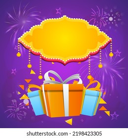 Empty Vintage Frame With Gift Boxes, Stars Against Purple Fireworks Background.