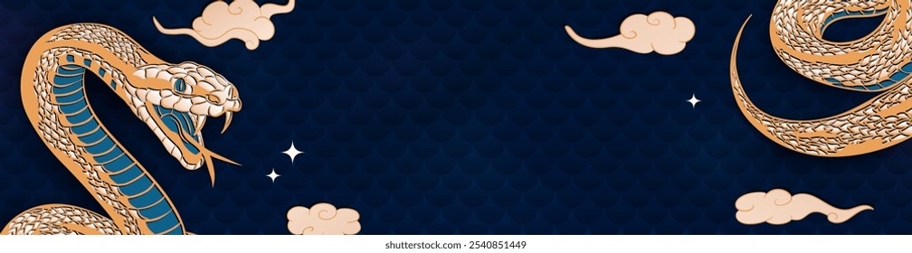 Empty vintage header, billboard with traditional Chinese symbol - snake and place for text on blue background with reptile scales. Panoramic banner in asian style for 2025 Lunar New Year of the Snake