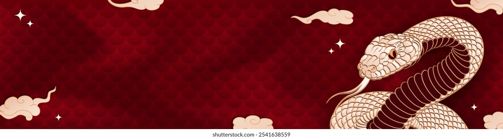 Empty vintage header, billboard with traditional Chinese symbol - snake and place for text on red background with reptile scales. Panoramic banner in asian style for 2025 Lunar New Year of the Snake