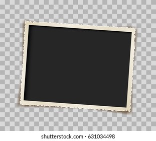 Empty vintage paper photo frame on table. Black and white. Isolated on transparent background. Vector illustration