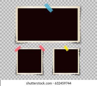 Empty vintage paper photo frame on table. Black and white and Isolated on transparent background. Vector illustration