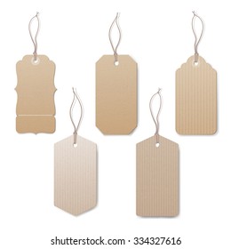 Empty vintage tags with string on white background, sale and discounts concept