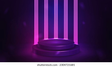 Empty violet podium with line neon pink wall on background