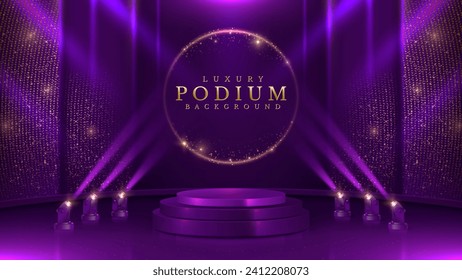 Empty violet podium with spotlight effects and gold bokeh decorations. Luxury scene design concept. Vector illustrations.