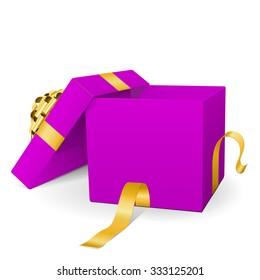 Empty Violet Vector Gift Box Icon with Golden Package Ribbon Isolated on White Background - For Christmas Season, Easter Season, Valentines Day and Birthday Greeting Cards - Present with Open Lid