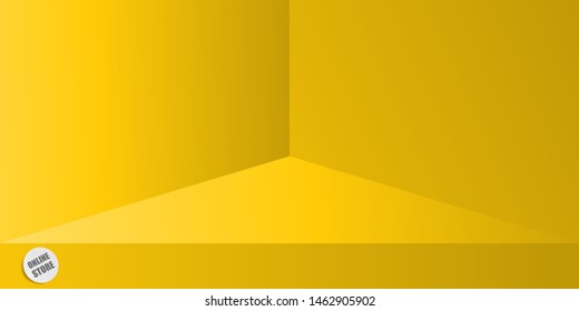 Empty vivid yellow corner studio background for internet sale shopping. Banner for advertise product. Vector mock up illustration for design website landing page.