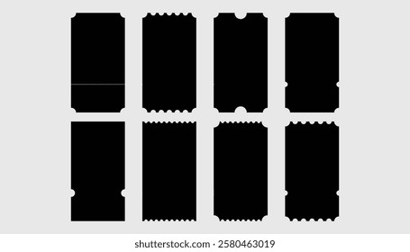 Empty Voucher tickets template. Set blank concert tickets and lottery coupons. Event coupon or cinema movie theater cards. Festival or circus paper empty flyers. Vector isolated illustration