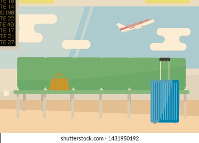 Empty waiting area at the airport with unoccupied seats and luggage from the suitcase and bag. Outside the window, the plane takes off. Vector illustration.