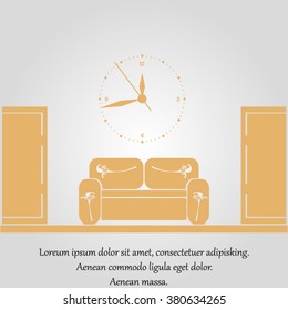 Empty waiting room sofa in front of the door and a clock on the wall