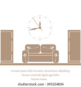 Empty waiting room sofa in front of the door and a clock on the wall