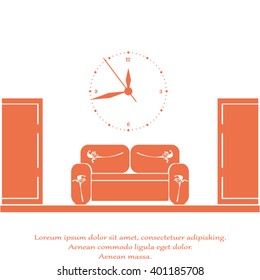 Empty waiting room sofa in front of the door and a clock on the wall