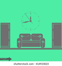 Empty waiting room sofa in front of the door and a clock on the wall