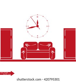 Empty waiting room sofa in front of the door and a clock on the wall