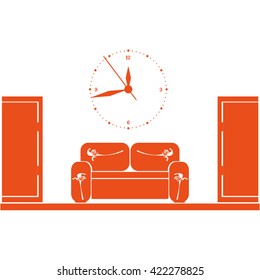 Empty waiting room sofa in front of the door and a clock on the wall
