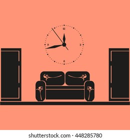 Empty waiting room sofa in front of the door and a clock on the wall
