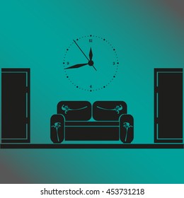 Empty waiting room sofa in front of the door and a clock on the wall