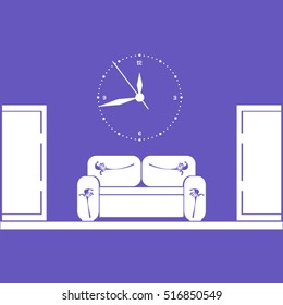 Empty waiting room sofa in front of the door and a clock on the wall