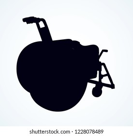 Empty walk carriage device on white background. Dark black ink hand drawn healthcare therapy object. Web pram logo pictogram concept in modern art contour engrave print style on paper space for text