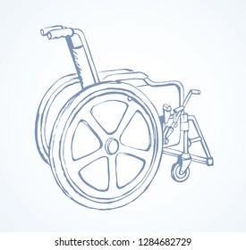 Empty walk pram carriage device on white background. Outline black ink hand drawn healthcare therapy object. Web logo pictogram concept in modern art doodle cartoon line style on paper space for text