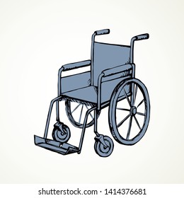 Empty walk pram carriage device on white background. Outline black ink hand drawn healthcare therapy object. Web logo pictogram concept in modern art doodle cartoon line style on paper space for text