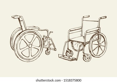 Empty walk pram carriage device on white background. Outline black ink hand drawn healthcare therapy object. Web logo pictogram concept in modern art doodle cartoon line style on paper space for text