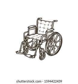 Empty walk pram carriage device on white background. Outline black ink hand drawn healthcare therapy object. Web logo pictogram concept in modern art doodle cartoon line style on paper space for text