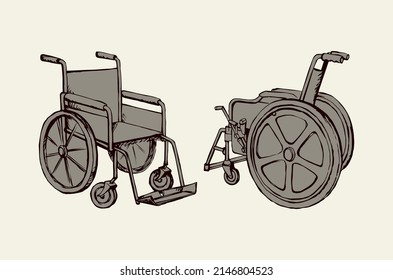 Empty walk pram carriage device on white background. Outline black ink hand drawn healthcare therapy object. Web logo pictogram concept in modern art doodle cartoon line style on paper space for text