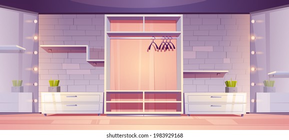 Empty walk-in closet, modern wardrobe room interior with hangers, shelves and drawers on wall decorated with bricks, mirrors with lamp illumination and potted plants, Cartoon vector illustration