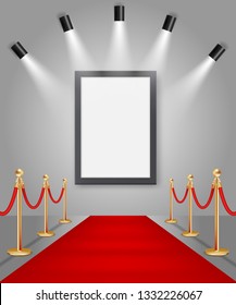 Empty wall picture mockup illuminated by spotlights. Vector realistic illustration. Art gallery interior with red carpet and gold barriers.