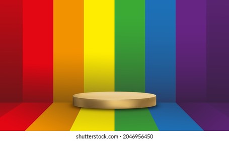 Empty wall studio room with gold podium Rainbow pride LGBT flag backgroud, Vector illustration Graphic design sign mockup backdrop for Lesbian, gay, bisexual and transgender