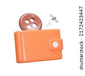 Empty wallet 3d icon. A button and a moth. Poverty. Isolated object on a transparent background