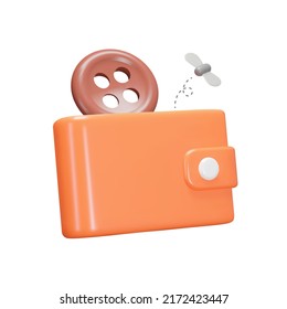 Empty wallet 3d icon. A button and a moth. Poverty. Isolated object on a transparent background - Shutterstock ID 2172423447