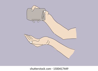 Empty wallet. Businessman holding an empty wallet. Financial failure concept illustration. Hand drawn style vector design illustrations