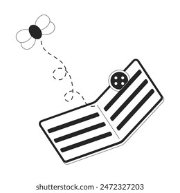 Empty wallet with fly and button black and white 2D line cartoon object. Lack of cash money. Losing savings isolated vector outline item. Financial crisis monochromatic flat spot illustration