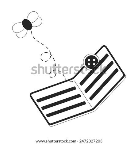 Empty wallet with fly and button black and white 2D line cartoon object. Lack of cash money. Losing savings isolated vector outline item. Financial crisis monochromatic flat spot illustration