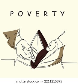 An Empty Wallet In The Hands Of Young Men Line Art Poster. International Day Of Eradication Of Poverty In October. Global Inflation Crises. Hunger And Poverty Concept Art Vector. Food Shortage Design