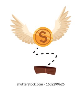 empty wallet with money coin with wings over white background, colorful design, vector illustration