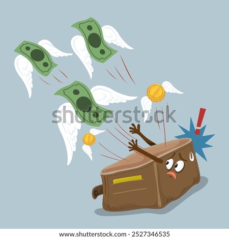 Empty Wallet with money flying out of wallet. Flat, Vector, Illustration, Cartoon, EPS10. 
