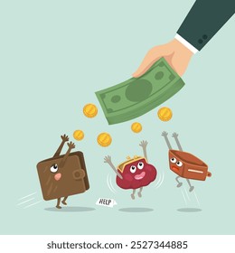 Leere Geldbörsen bittet um Geld von Big Hand. Flach, Vektorgrafik, Illustration, Cartoon, EPS10. 
