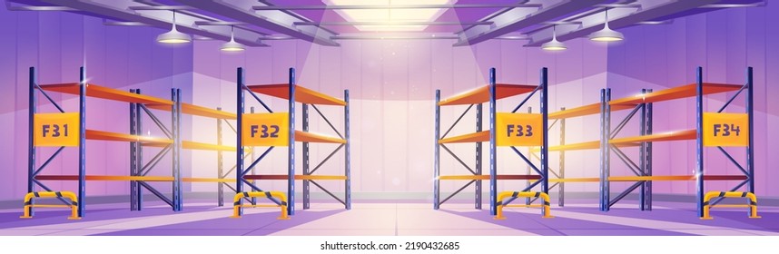 Empty warehouse interior with metal racks. Storage room in factory, supermarket or distribution hangar with shelves for cargo, stock and goods, vector cartoon illustration